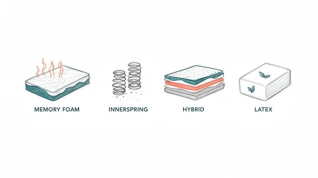 Illustrations showing four types of mattresses: memory foam, innerspring, hybrid, and latex.