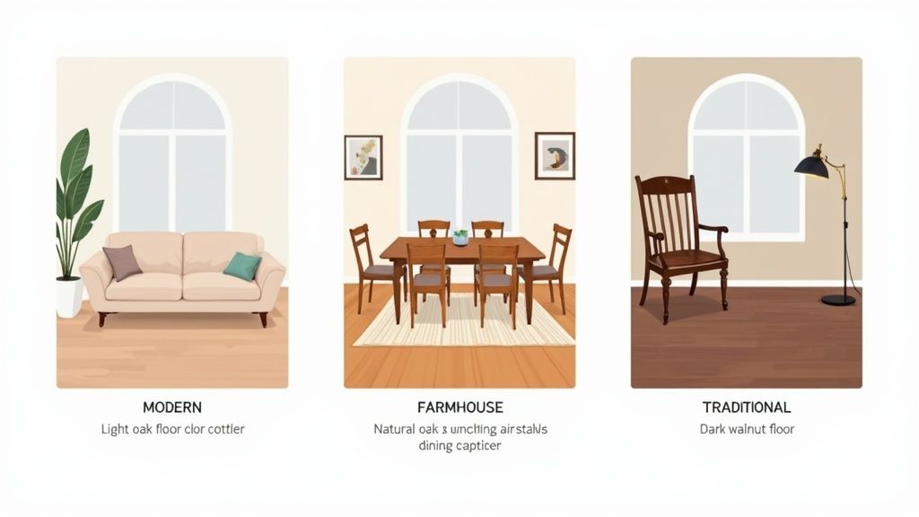 Three distinct room styles: modern with light oak, farmhouse with natural oak, and traditional with dark walnut floors.