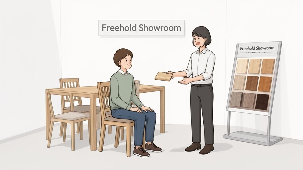 A sales associate shows a wood sample to a customer in a Freehold Showroom with dining furniture.