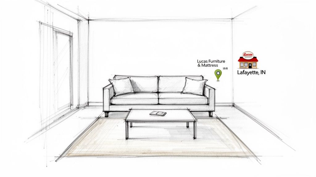 A perspective sketch of a living room with a sofa, coffee table, and rug, featuring a Lucas Furniture & Mattress logo.