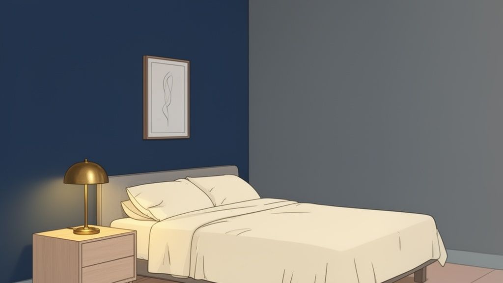 A modern bedroom features a bed with light bedding, a gold lamp, and framed art on a dark blue wall.