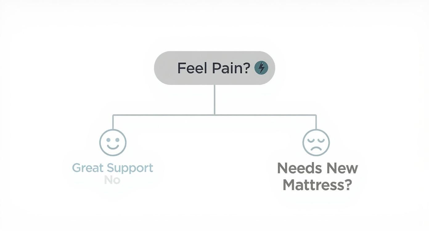 A simple flowchart asking 'Feel Pain?' branching to 'Great Support' or 'Needs New Mattress?'.