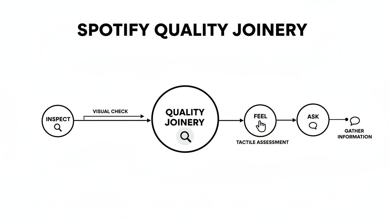A flowchart detailing Spotify's quality joinery process: inspect, visual check, tactile assessment, and gather information.