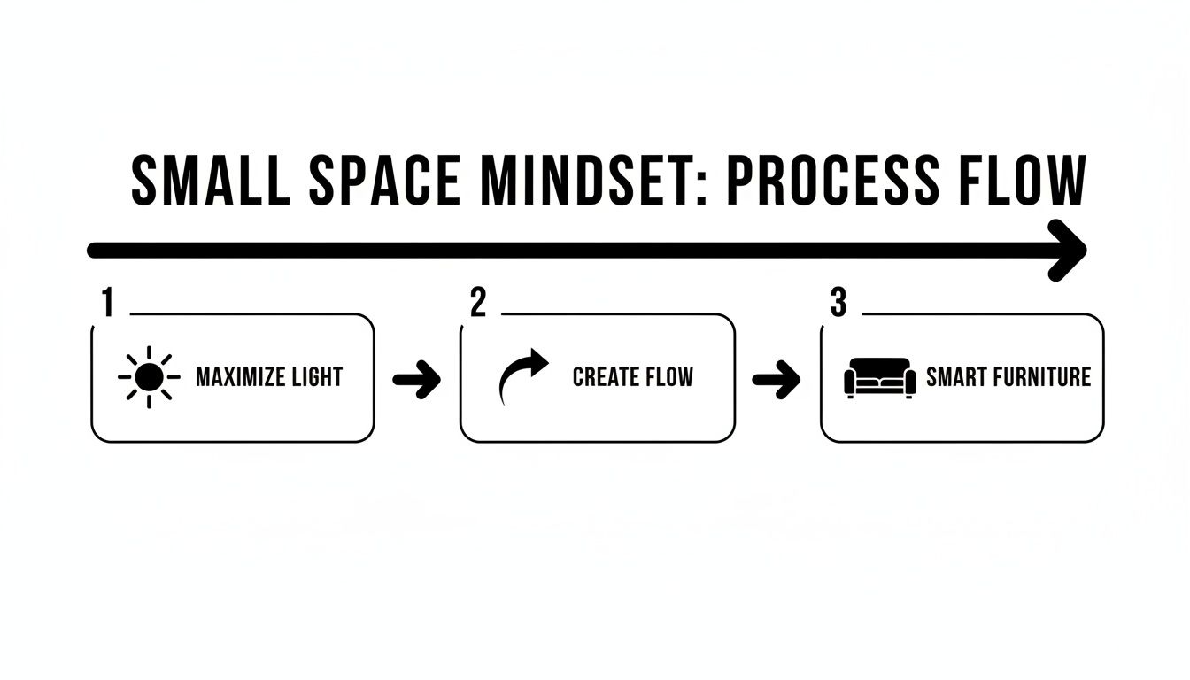 Diagram showing a small space mindset process flow with three steps: maximize light, create flow, and smart furniture.
