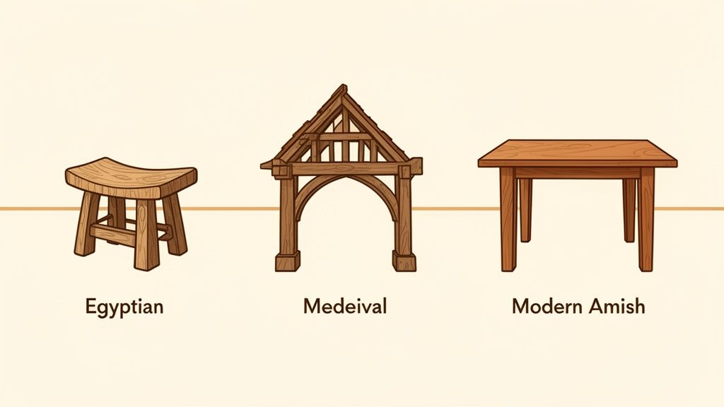 Three wooden objects showcasing different joinery styles: Egyptian stool, Medieval arch, and Modern Amish table.