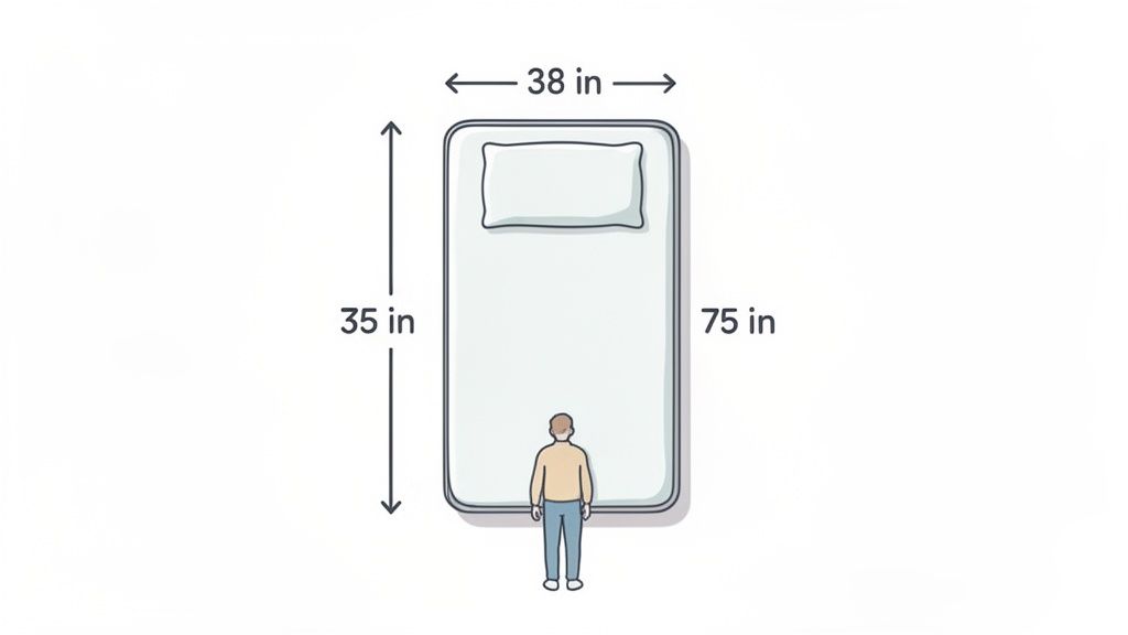 Illustration showing the dimensions of a twin bed, 38 inches wide by 75 inches long, with a person for scale.