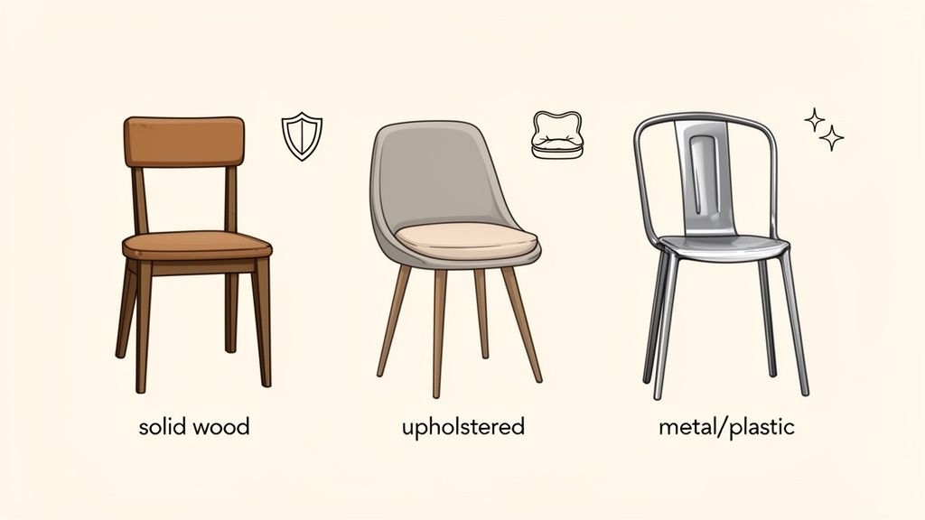 Three illustrated chairs displaying different types: solid wood, upholstered, and metal/plastic with icons.