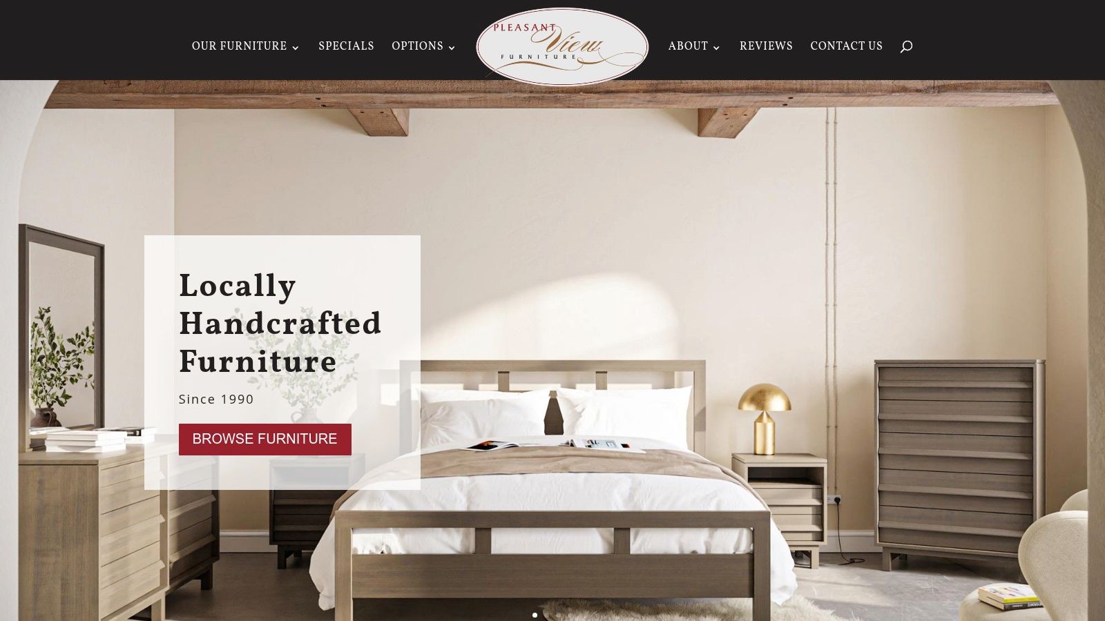 A display of handcrafted wooden furniture at Pleasant View Furniture.