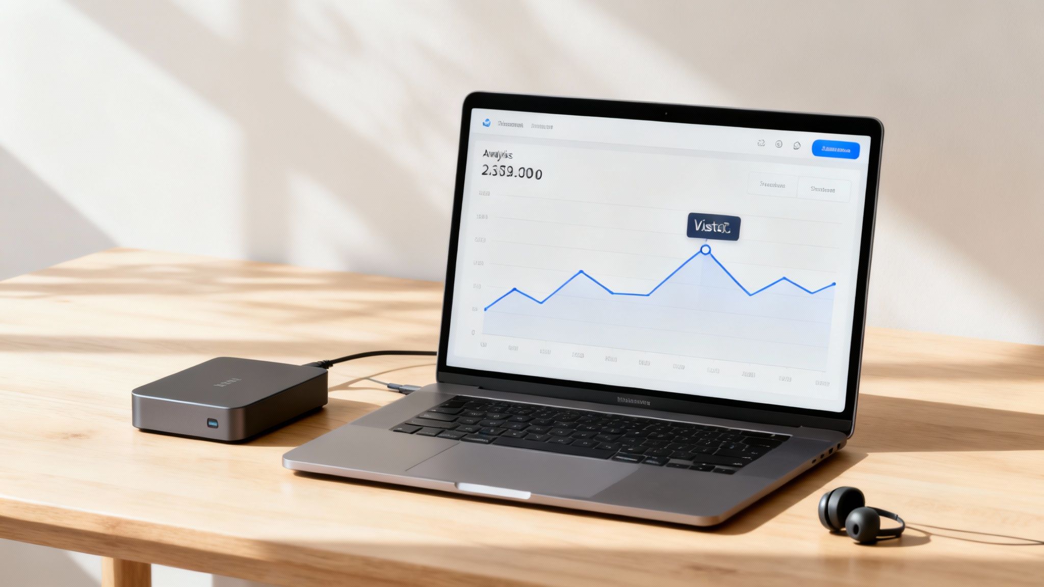 Зображення ноутбука, що демонструє запуск сайту з графіками, які йдуть вгору, символізуючи ріст та розвиток