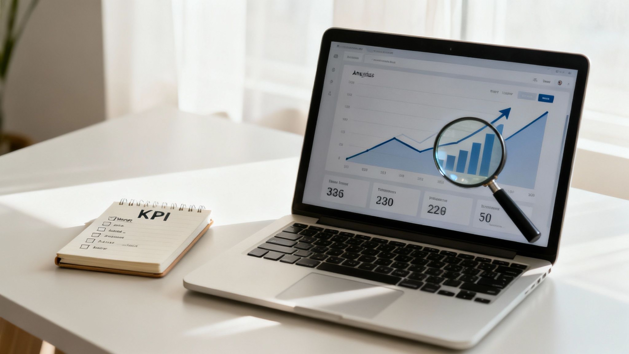 Ноутбук із графіками та діаграмами на екрані, що символізує SEO-аналітику