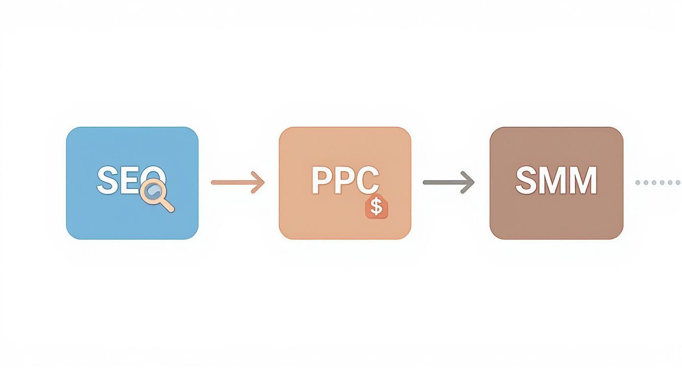 Інфографіка, що показує процес просування сайту через SEO, PPC та SMM