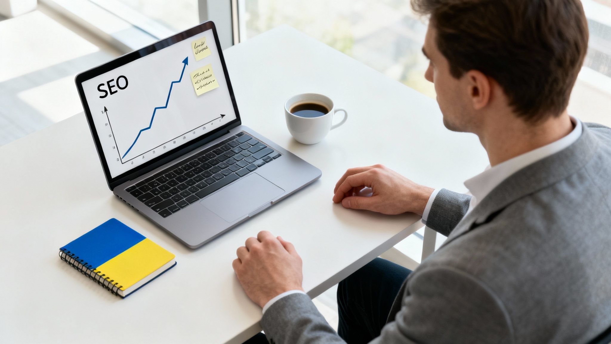 Бізнесмен аналізує графік зростання SEO показників на ноутбуці за робочим столом з кавою