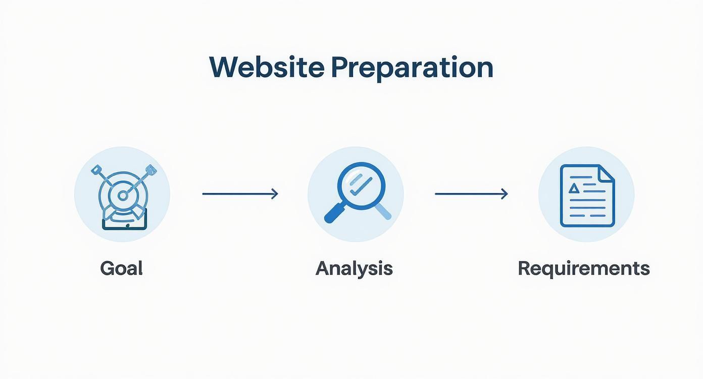Інфографіка, що показує процес підготовки до розробки сайту, включаючи визначення цілі, аналіз ринку та створення технічного завдання.
