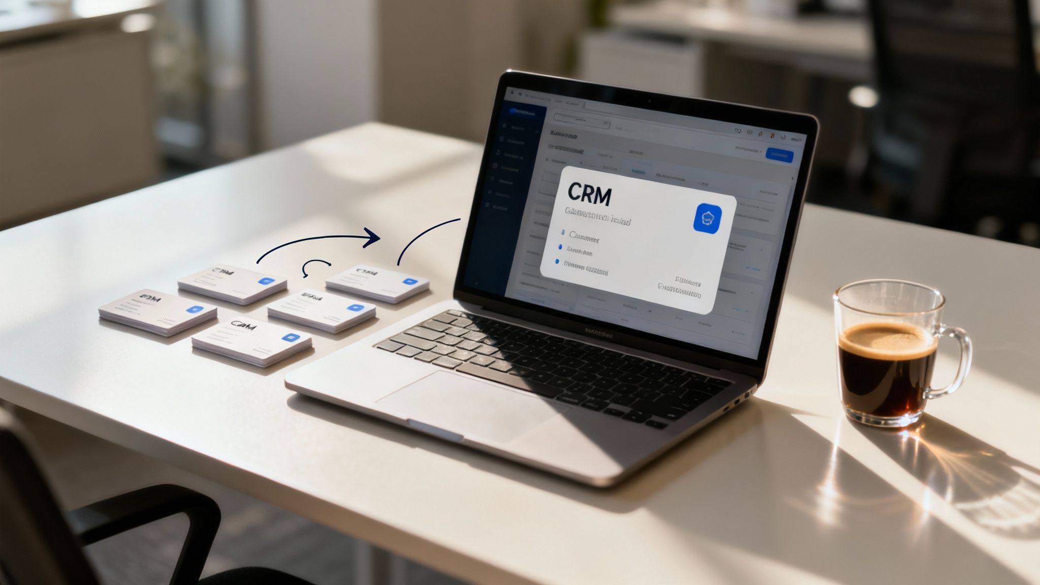 Ноутбук з CRM-системою на екрані та візитки з написом CRM на білому столі