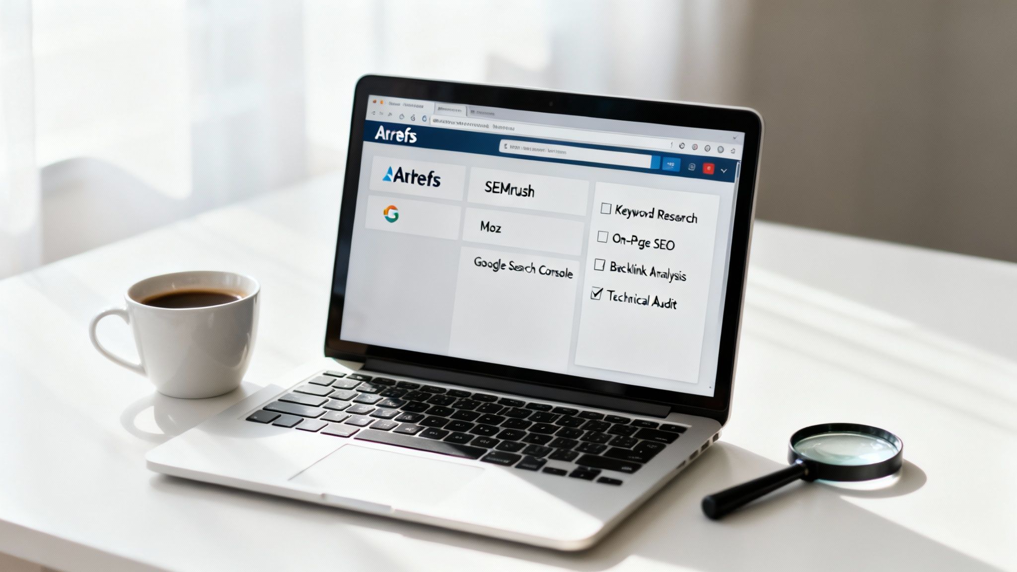 SEO спеціаліст працює над аудитом сайту з ноутбуком та графіками