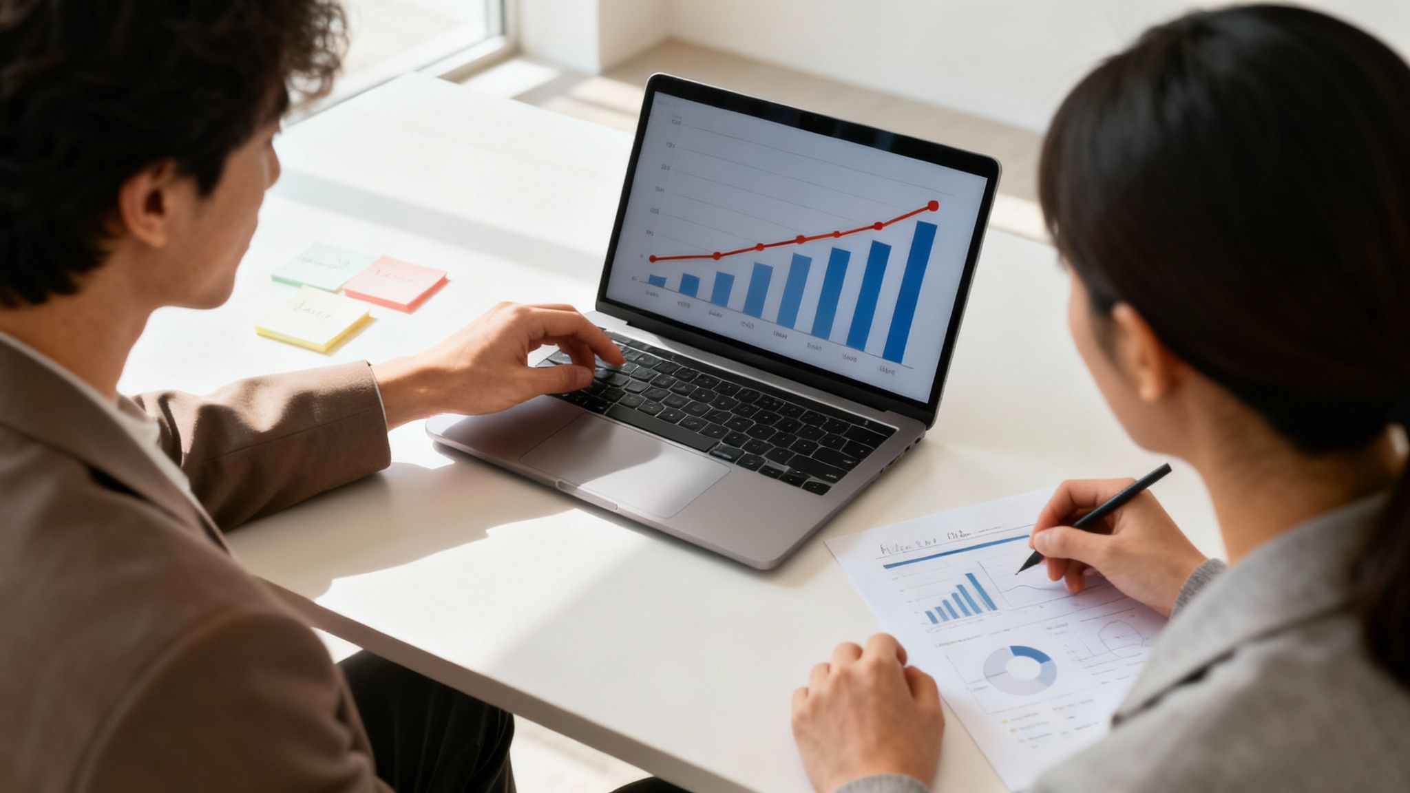 Команда аналізує SEO-стратегію на дошці з графіками та стікерами