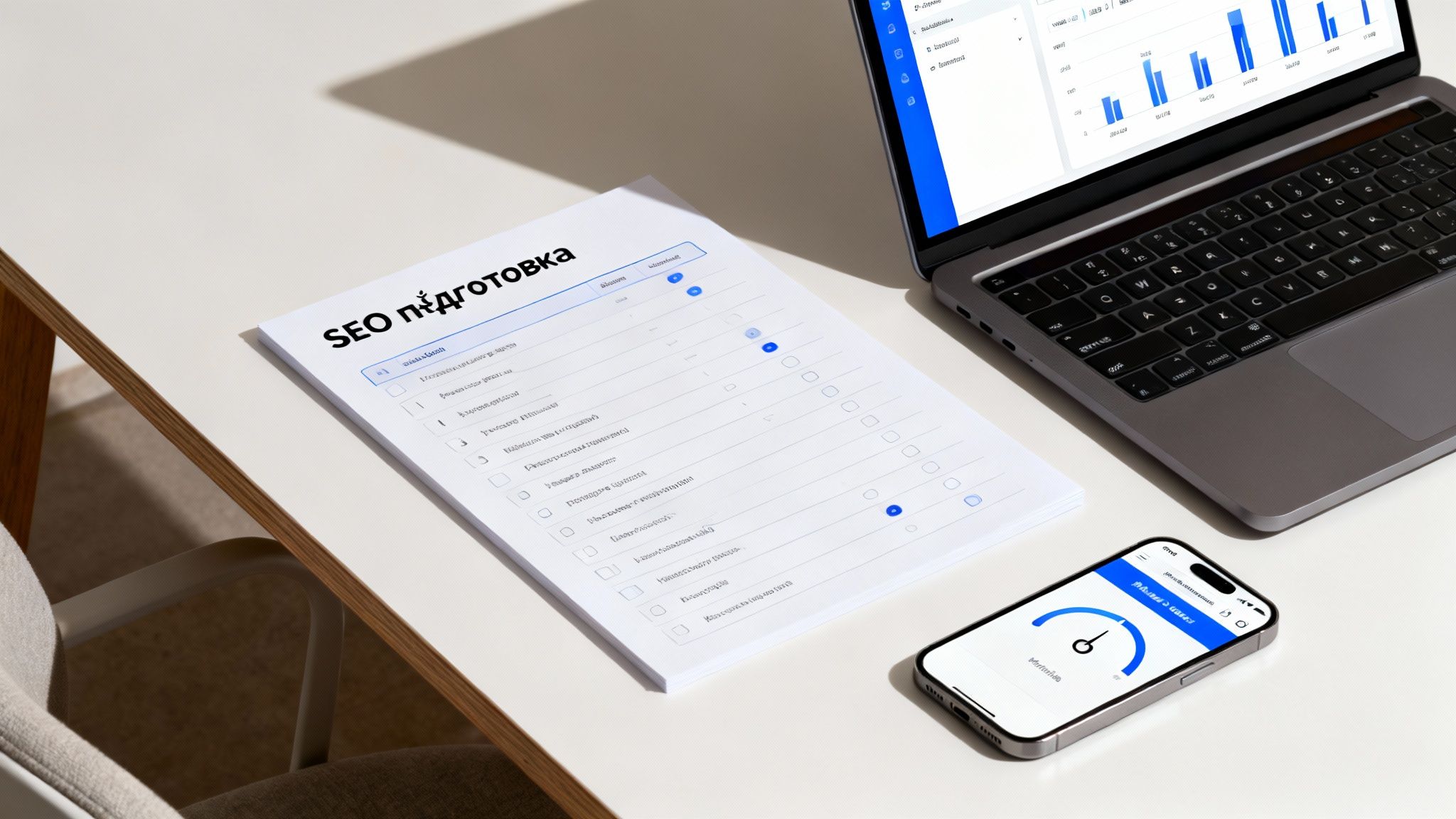 SEO підготовка чеклист на столі з ноутбуком та смартфоном з аналітикою просування сайту