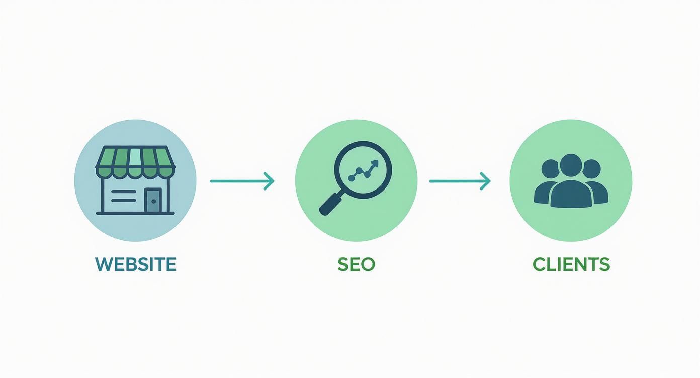 Інфографіка, що показує шлях від сайту через SEO до залучення клієнтів