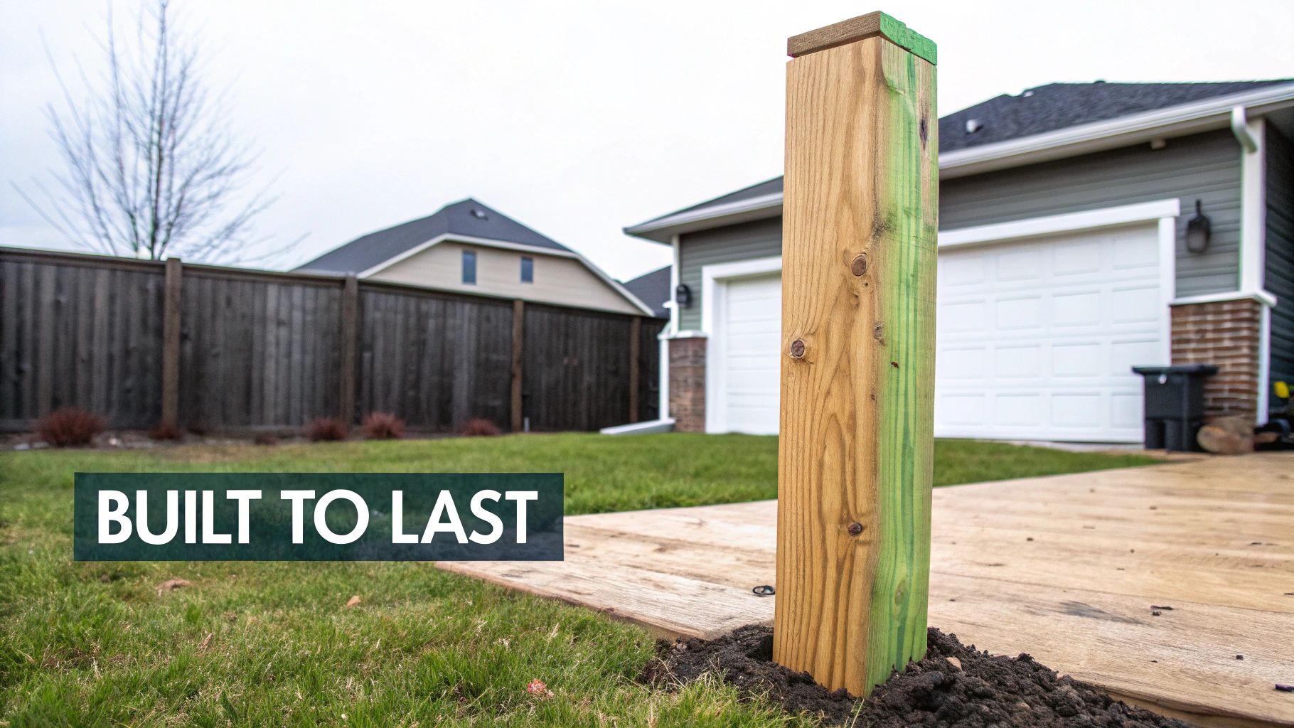A new pressure-treated wooden post stands by a wooden deck in a yard, with text 'BUILT TO LAST'.