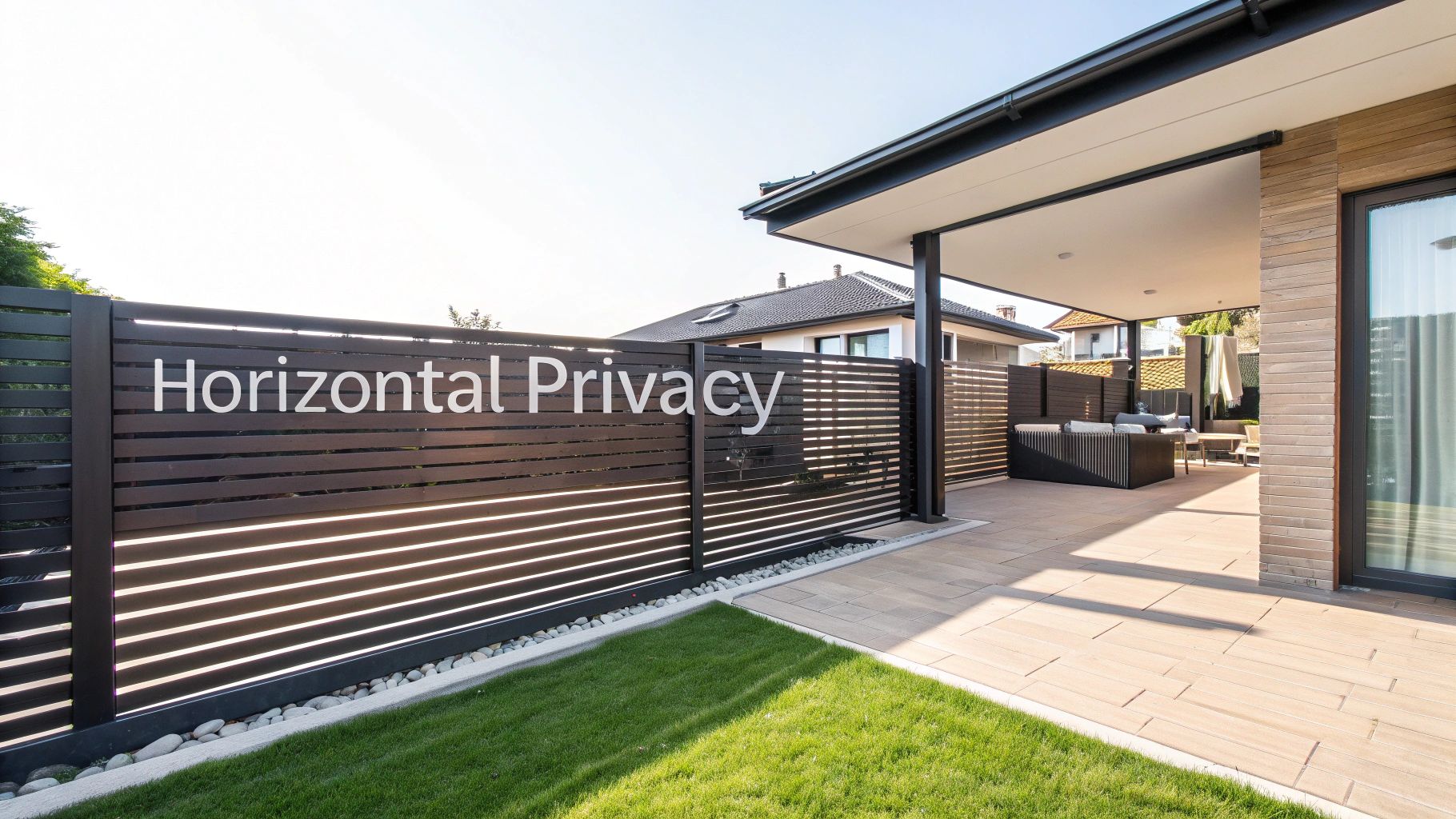 A stylish backyard features a dark horizontal privacy fence and a comfortable outdoor patio area.
