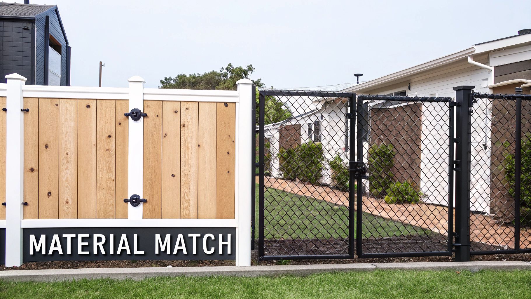 A modern material match fence combining light wood panels and a black chain-link gate, with houses in the background.