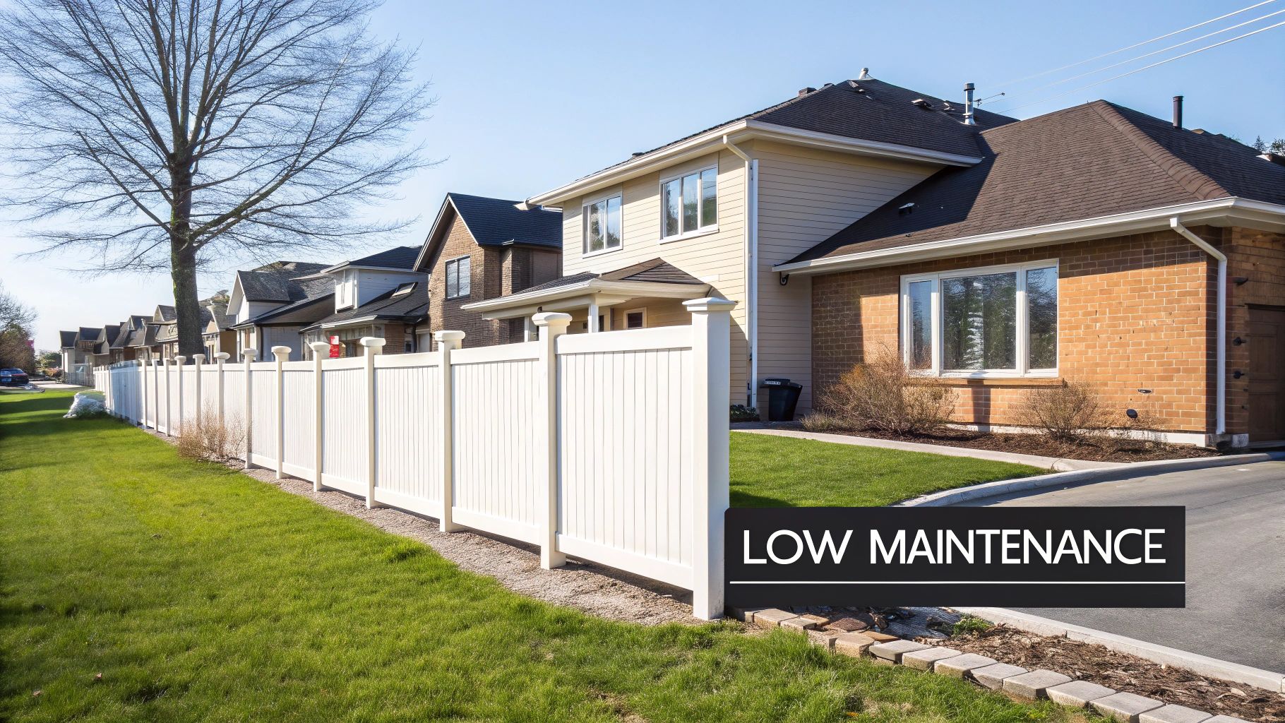 A long, white plastic fence separates a manicured green lawn from suburban houses on a sunny day.
