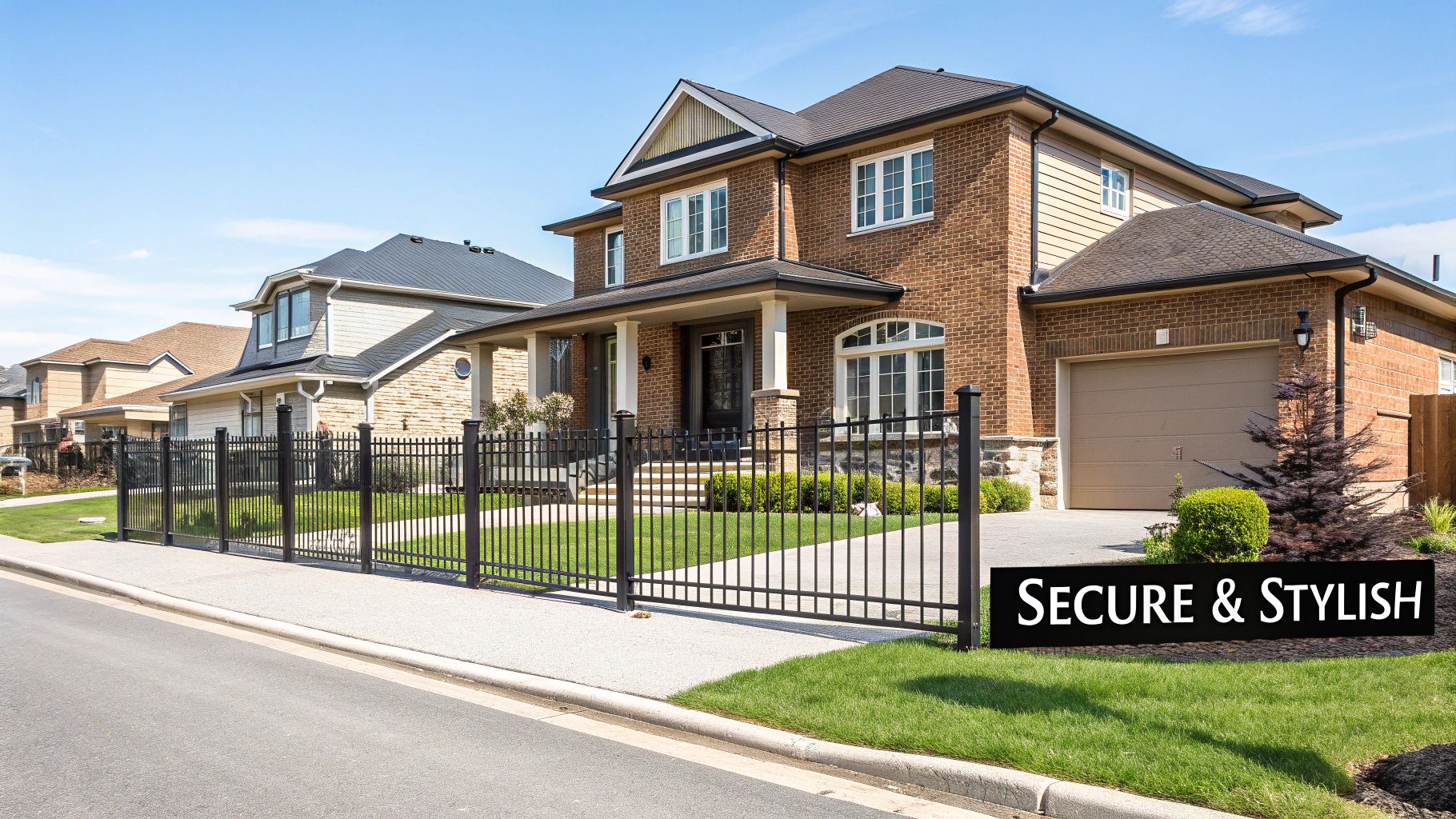 A modern suburban brick house with a stylish black iron fence and a 'Secure & Stylish' sign.