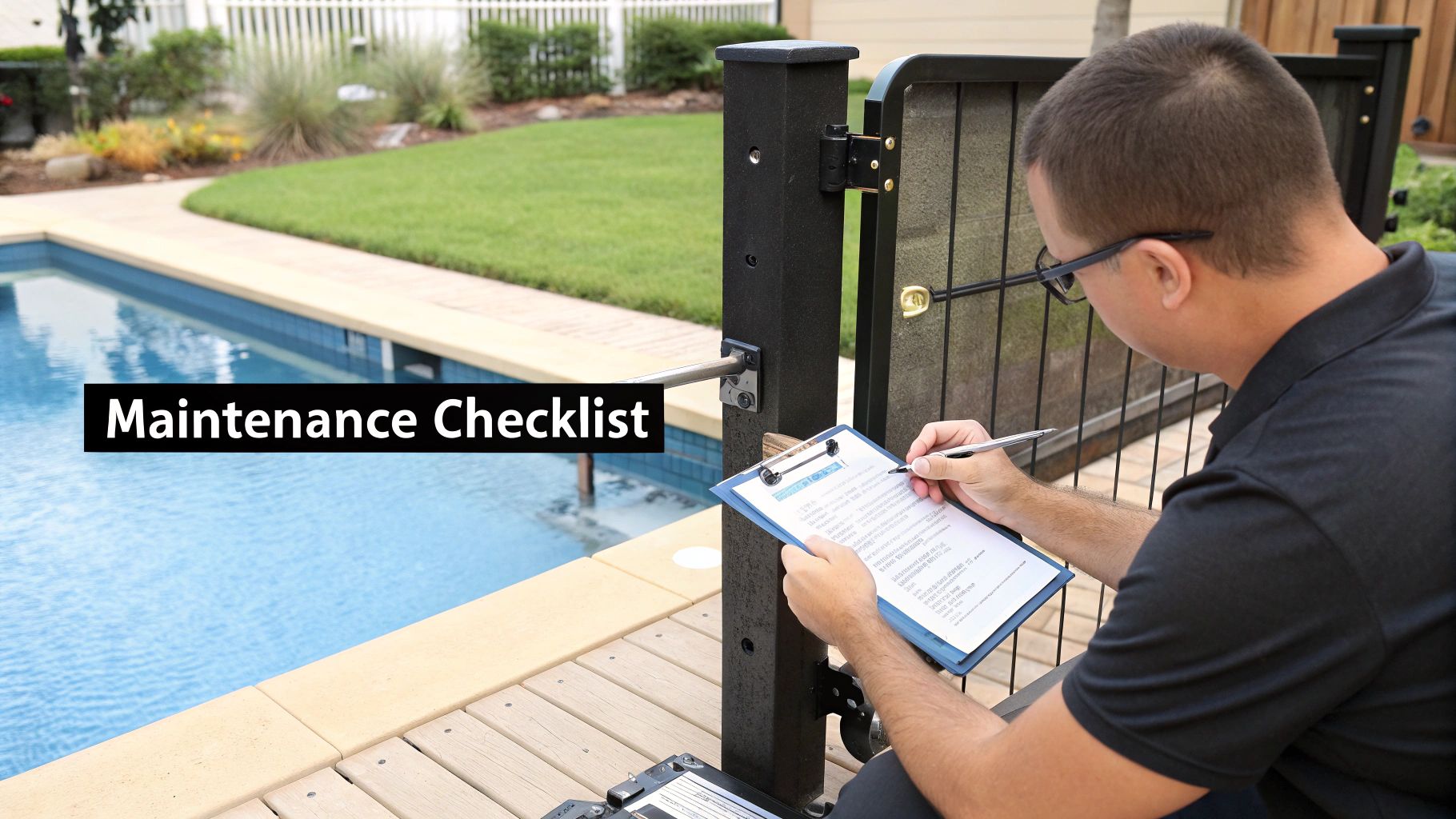 A man with glasses reviews a maintenance checklist for a pool safety fence.