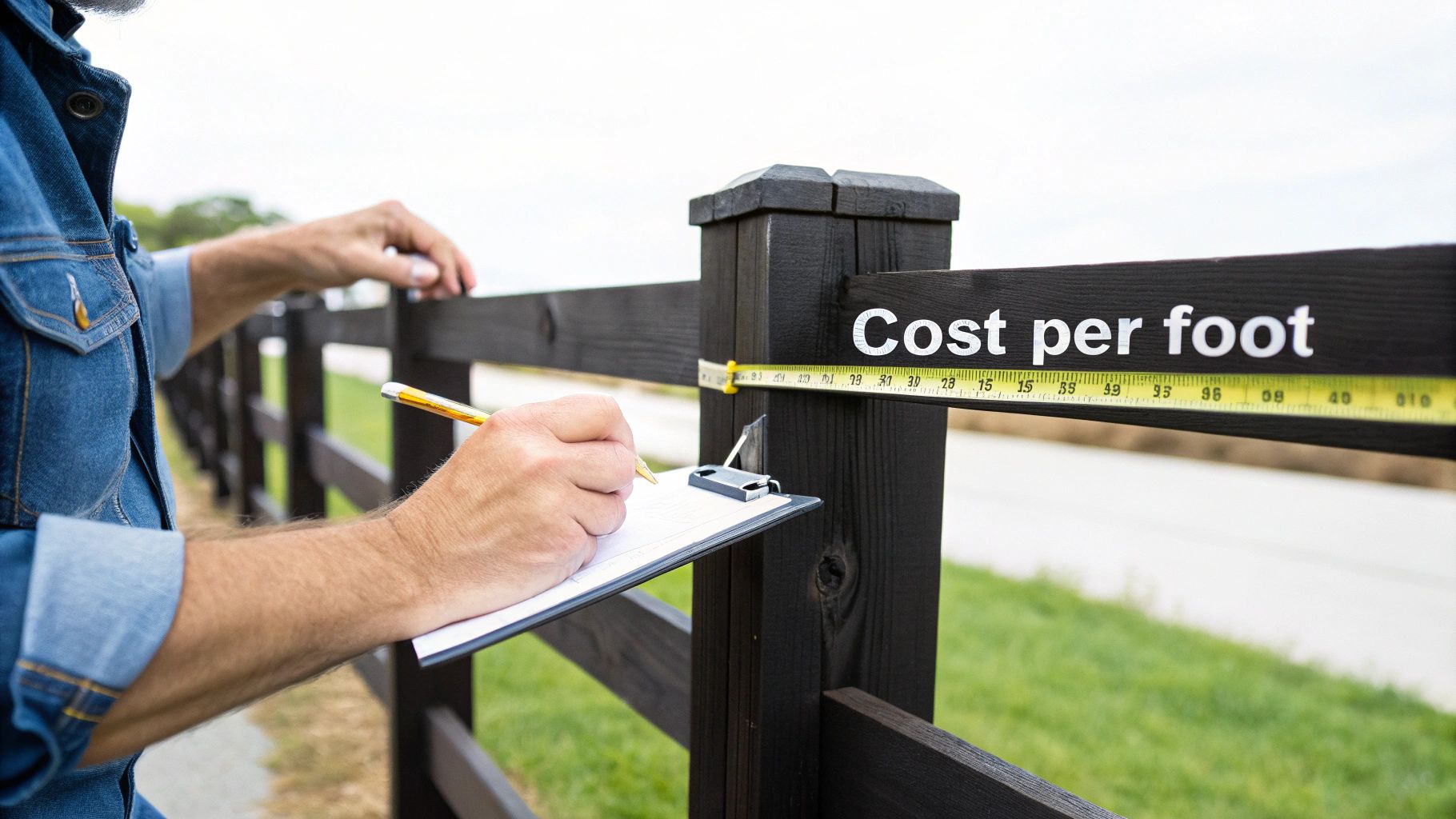 A person measures a dark wooden fence with a tape measure, writing &#39;Cost per foot&#39; on a clipboard.