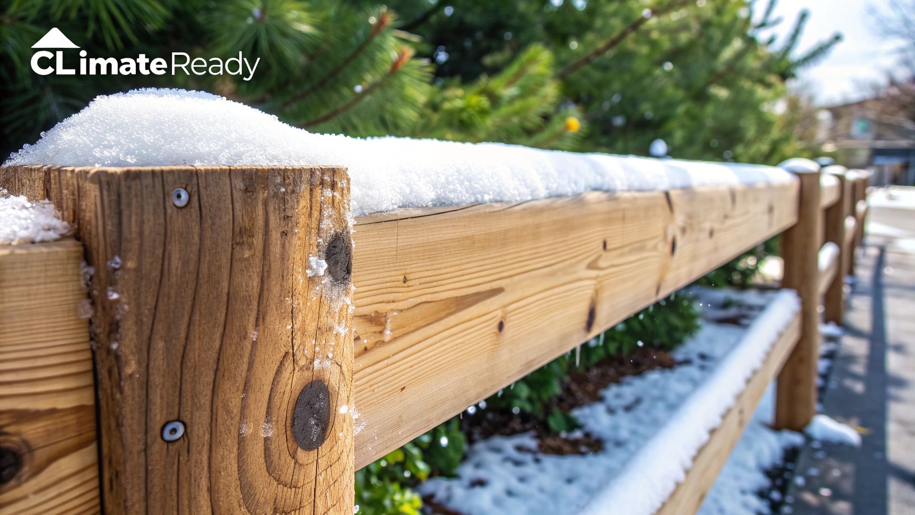 A close-up of a rustic cedar split rail fence post and rail covered in fresh snow, with green foliage.