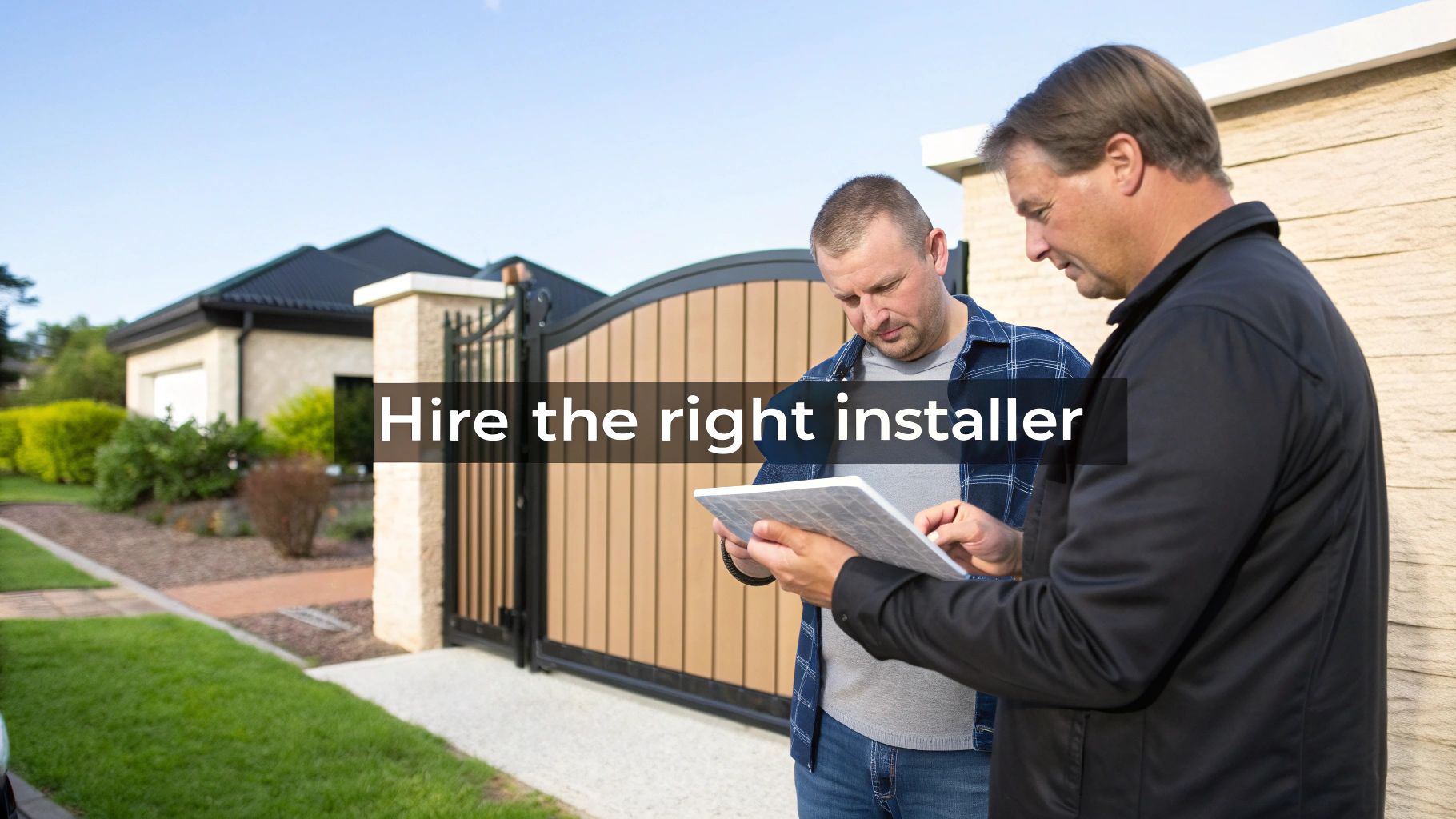 Professional installer consulting with homeowner about automatic driveway gate installation project at residential property
