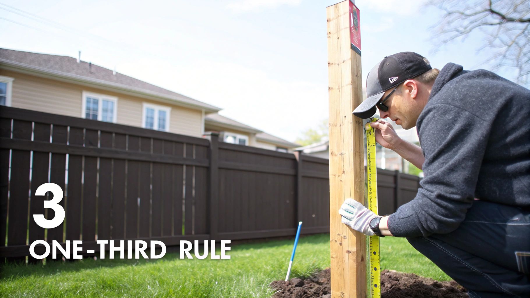 A man wearing a cap and gloves carefully measures a new wooden fence post with a tape measure.