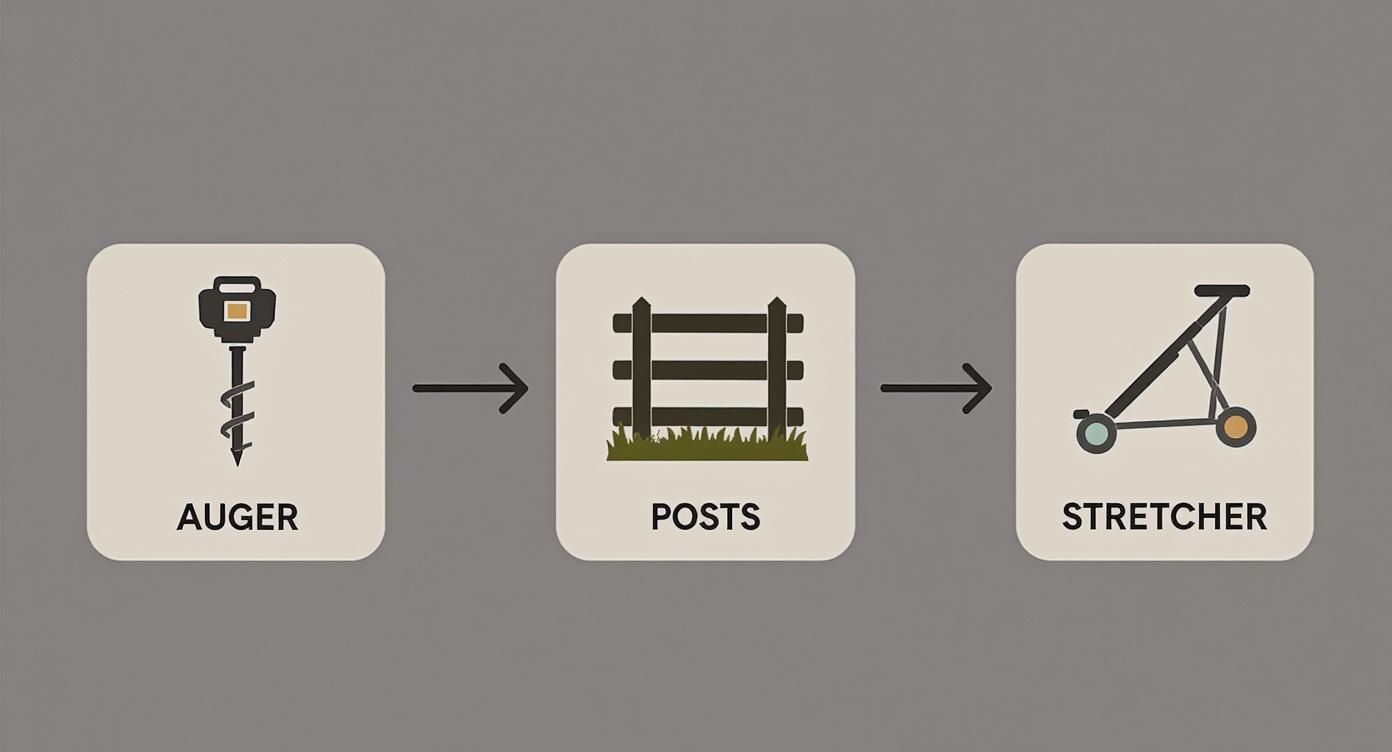 Fence installation process diagram showing auger for holes, posts setting, and wire stretcher tool