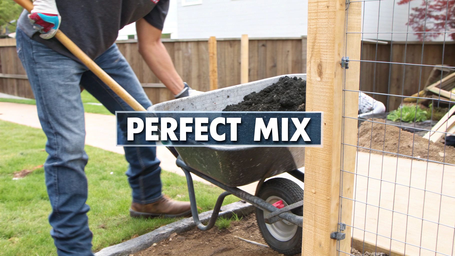 A person shoveling dark soil into a wheelbarrow, with a 'PERFECT MIX' text overlay, showing gardening or landscaping work.