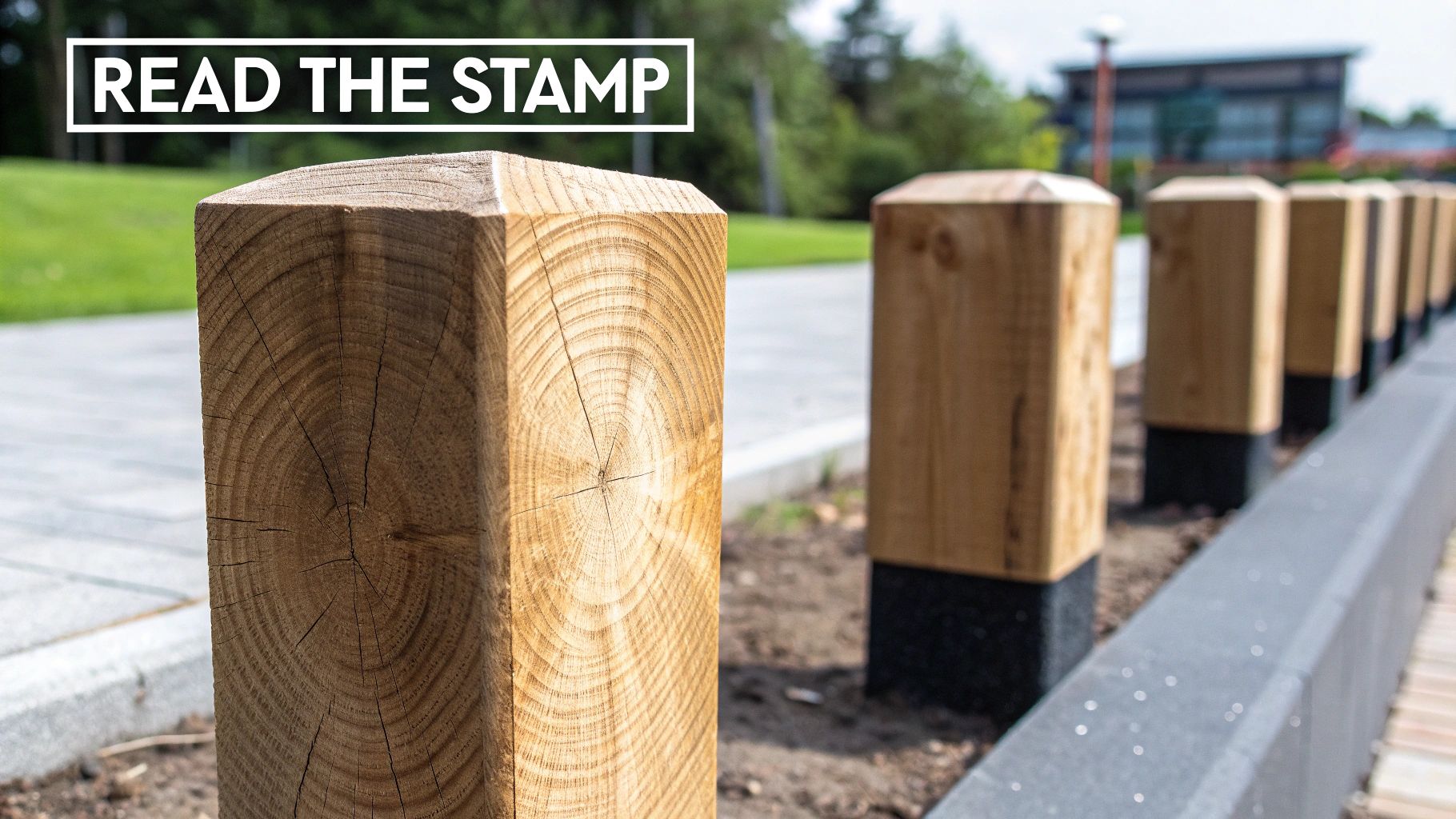 Close-up of a pressure-treated square wooden post showing annual rings and cracks, with more posts in the background.