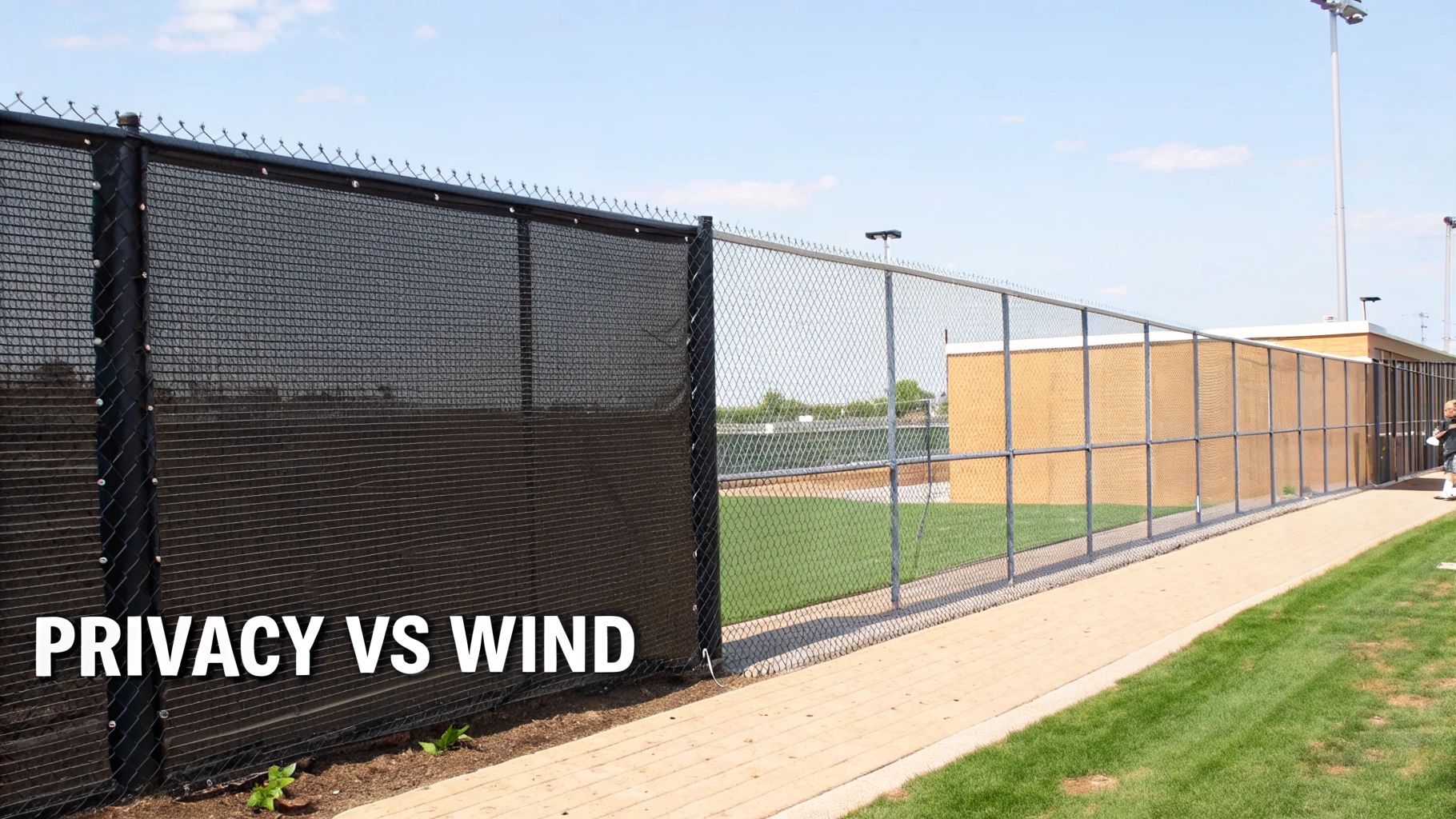 A chain-link fence showcasing a dense black privacy screen contrasted with an open mesh on a sunny day.