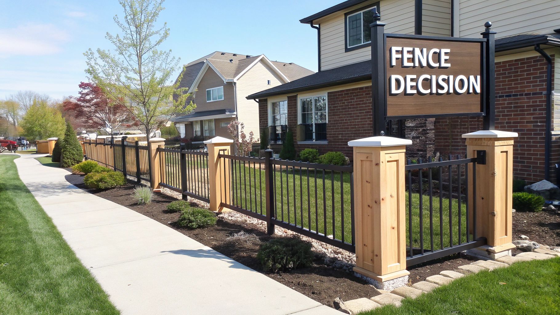 A stylish black metal and wood fence runs alongside a sidewalk in a suburban neighborhood, with a 'FENCE DECISION' sign.