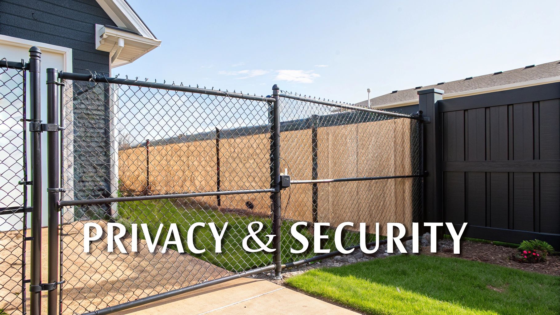 A backyard features a black chain-link fence with a privacy screen and a solid dark fence.