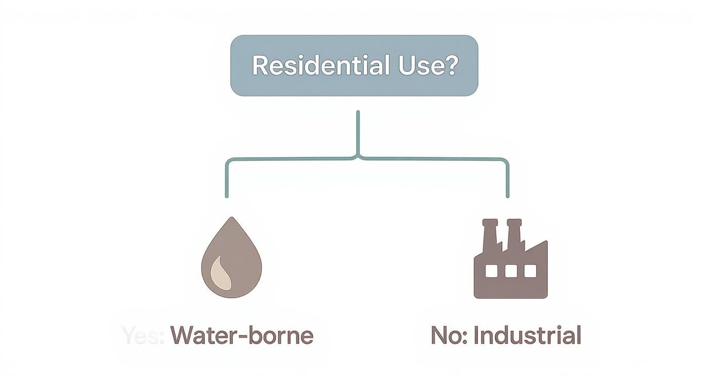 A simple flowchart asking 'Residential Use?'. 'Yes' leads to 'Water-borne' (water droplet icon), and 'No' leads to 'Industrial' (factory icon).