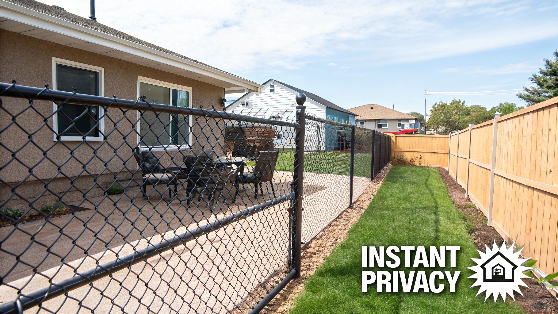 A black chain-link fence in a backyard, with a wooden privacy fence on the side.