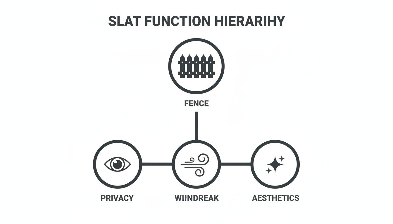 Hierarchy diagram illustrating the primary functions of a fence: privacy, windbreak, and aesthetics.