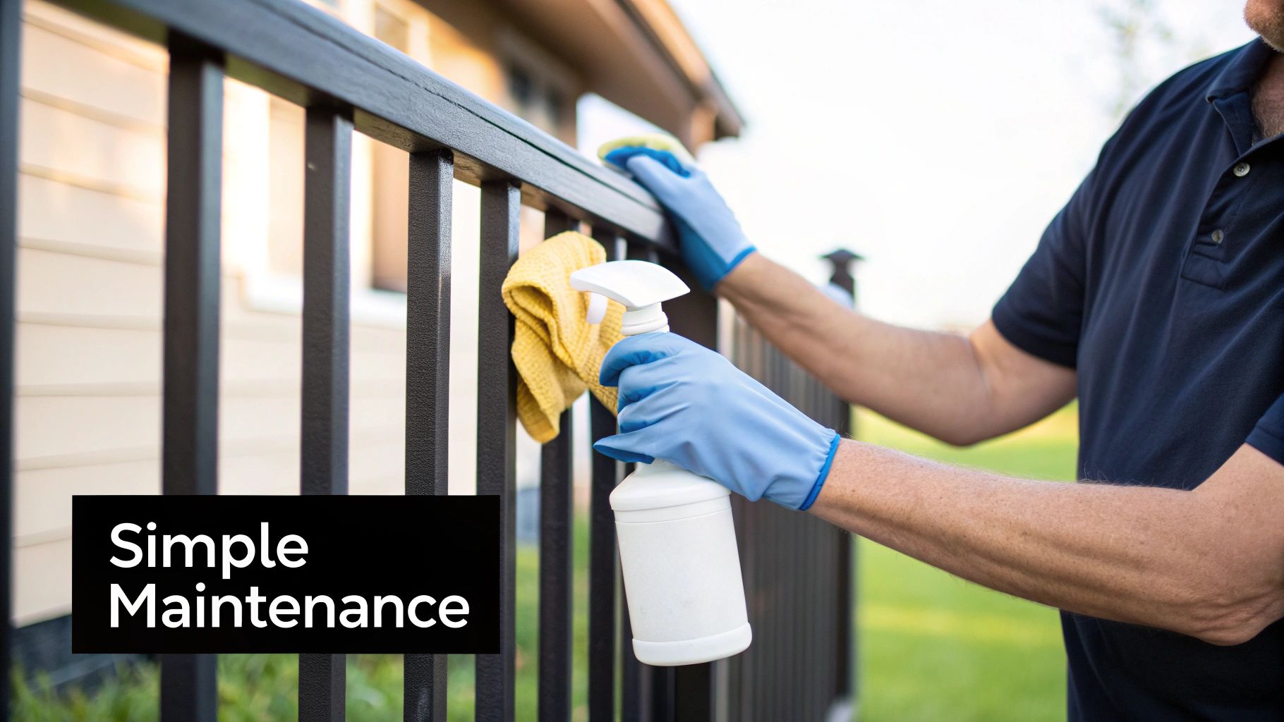 A person wearing blue gloves cleans a dark metal fence with a white spray bottle and yellow cloth.