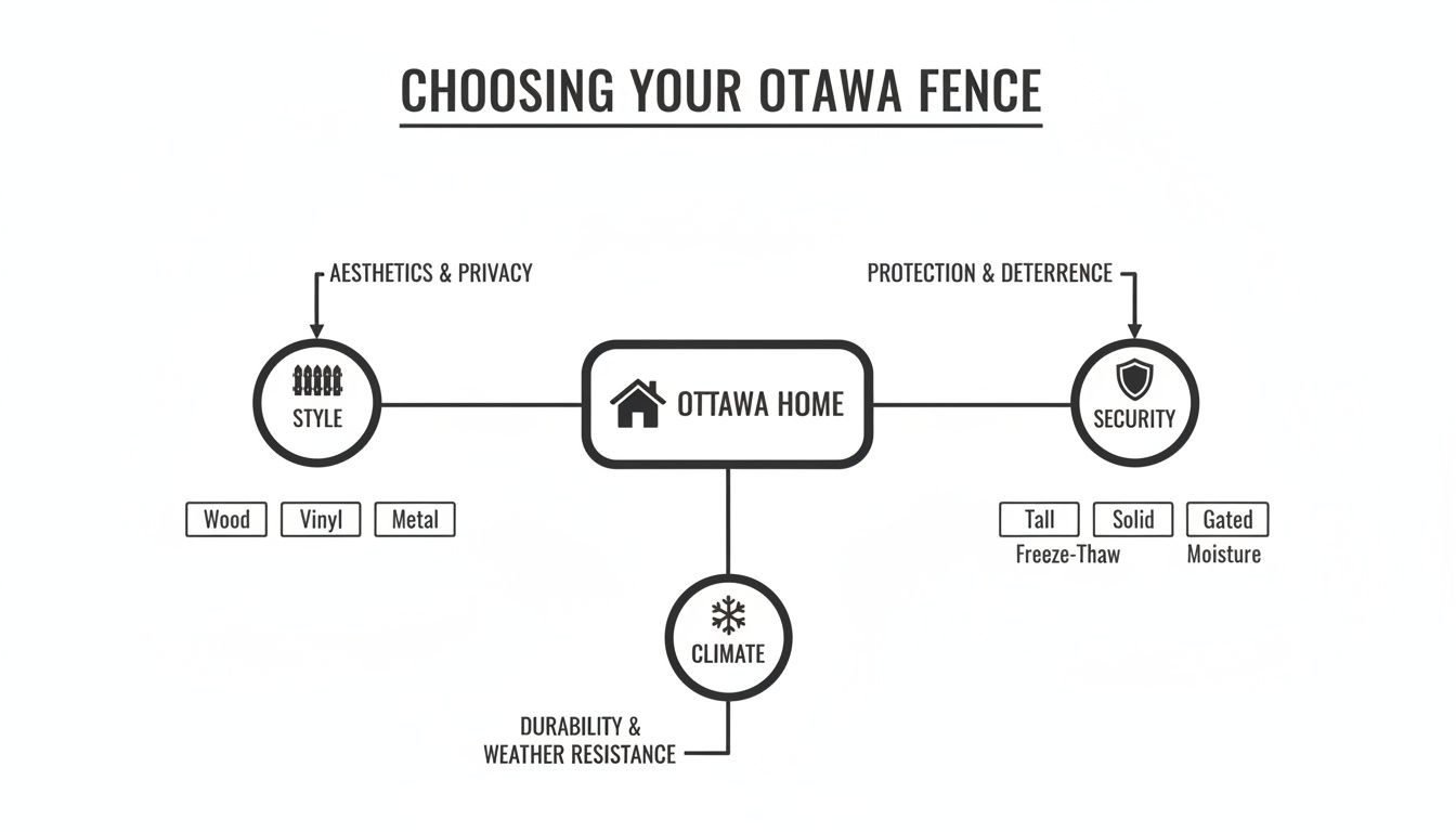 Flowchart illustrating factors for choosing an Ottawa fence, including style, security, and climate.