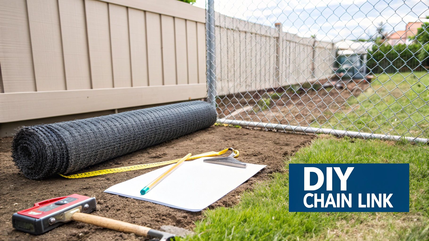 DIY chain link fence installation tools including rolled fencing, measuring tape, clipboard, and hammer on ground
