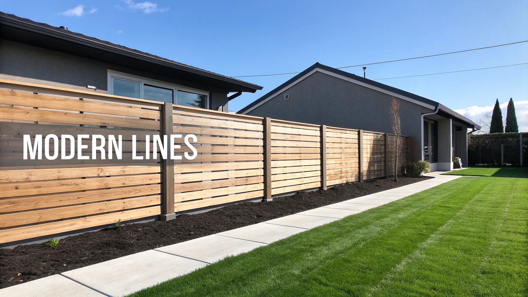 A modern horizontal slatted wood fence separates two houses from a pristine lawn and a concrete walkway.