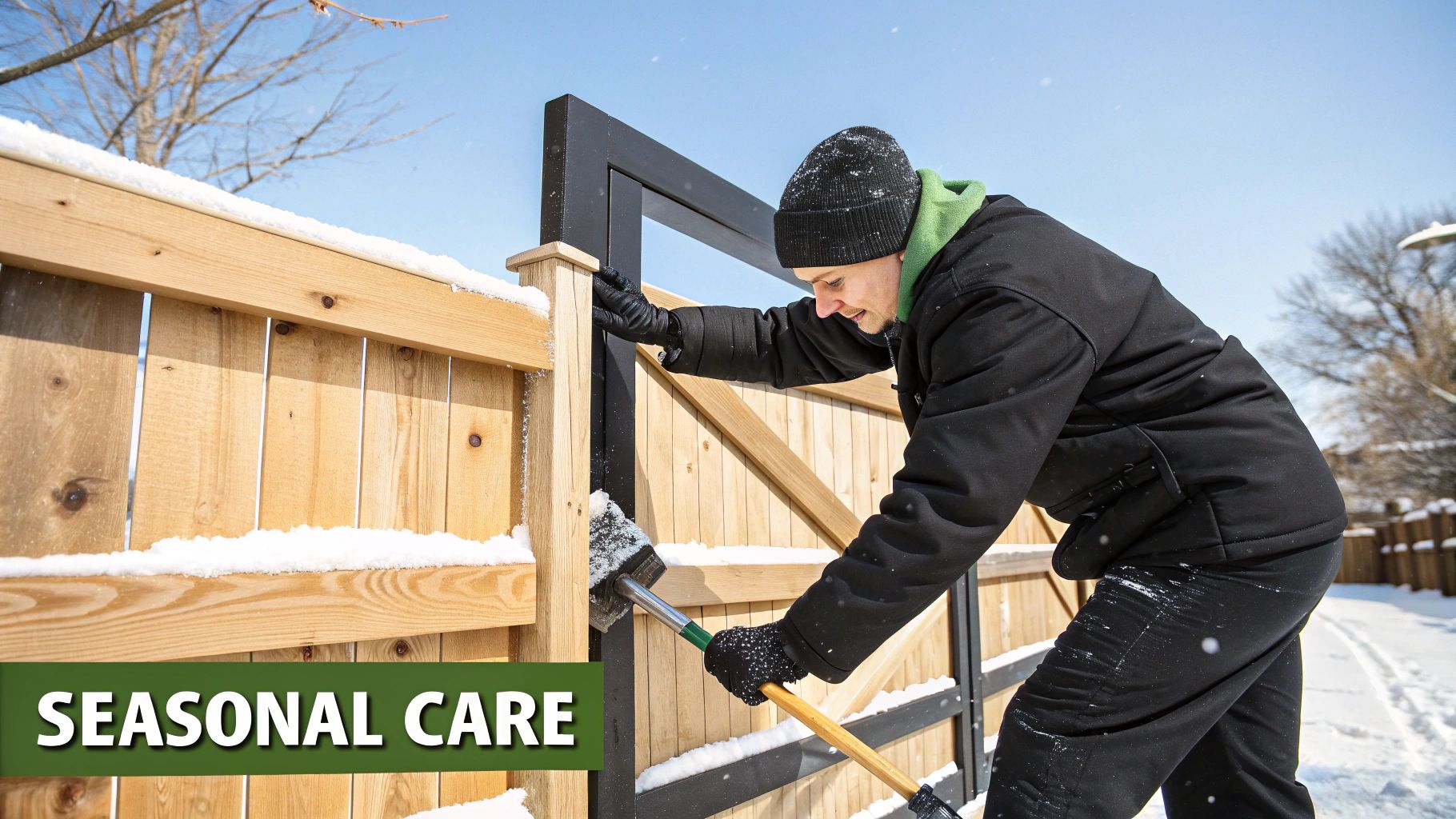 A person in winter gear clearing snow from a wooden fence and gate with a brush.