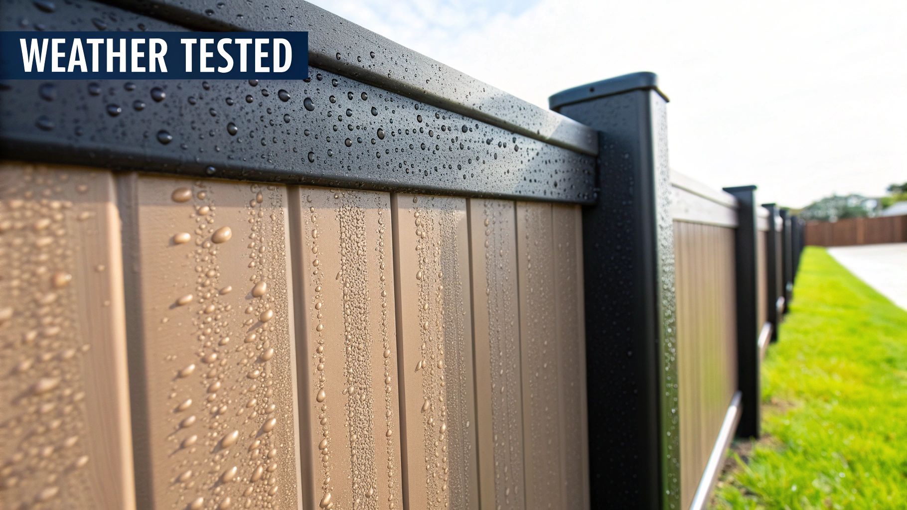Weather-tested plastic fence with water droplets beading on brown and black panels.