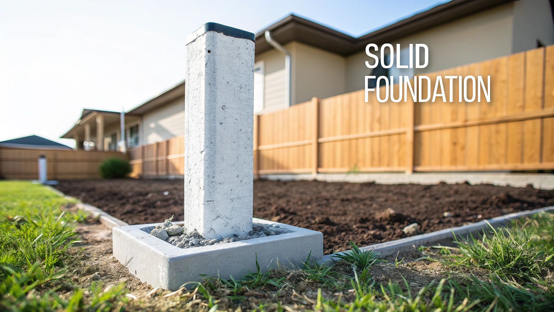 A sturdy concrete fence post with a solid base, surrounded by grass and soil, with a house and wooden fence in the background.