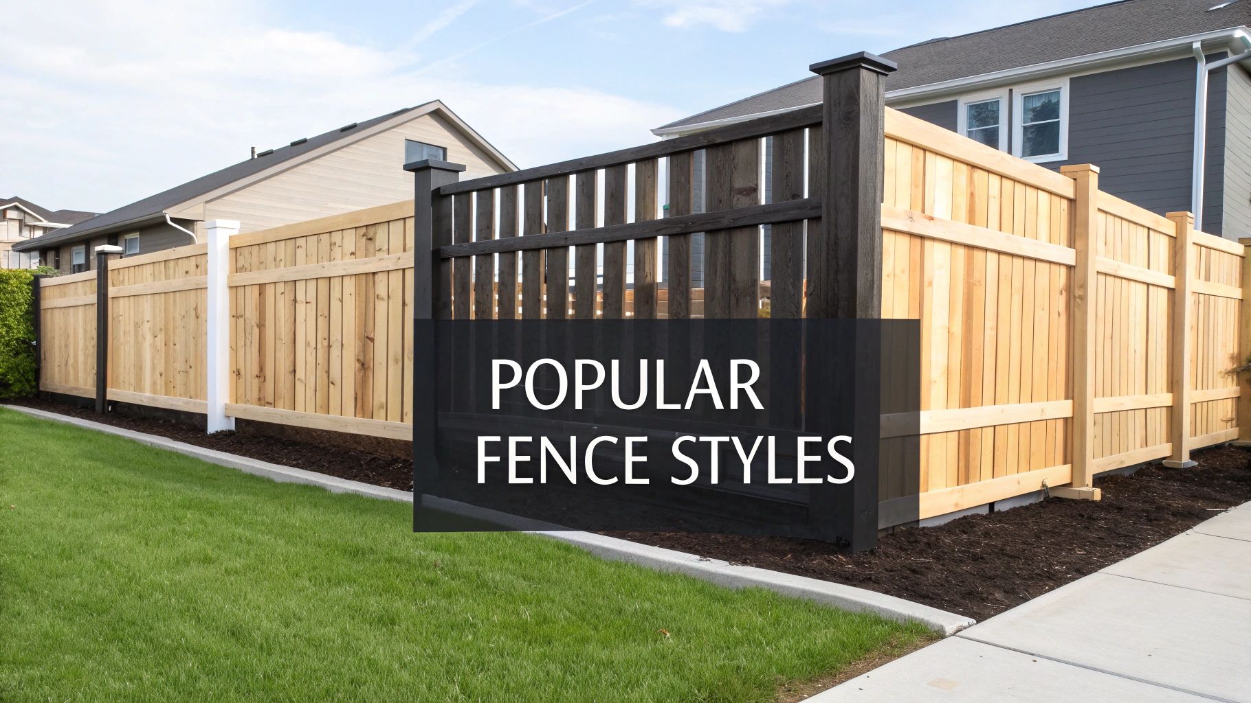 A modern backyard features a wooden fence with varied light natural wood and dark sections.