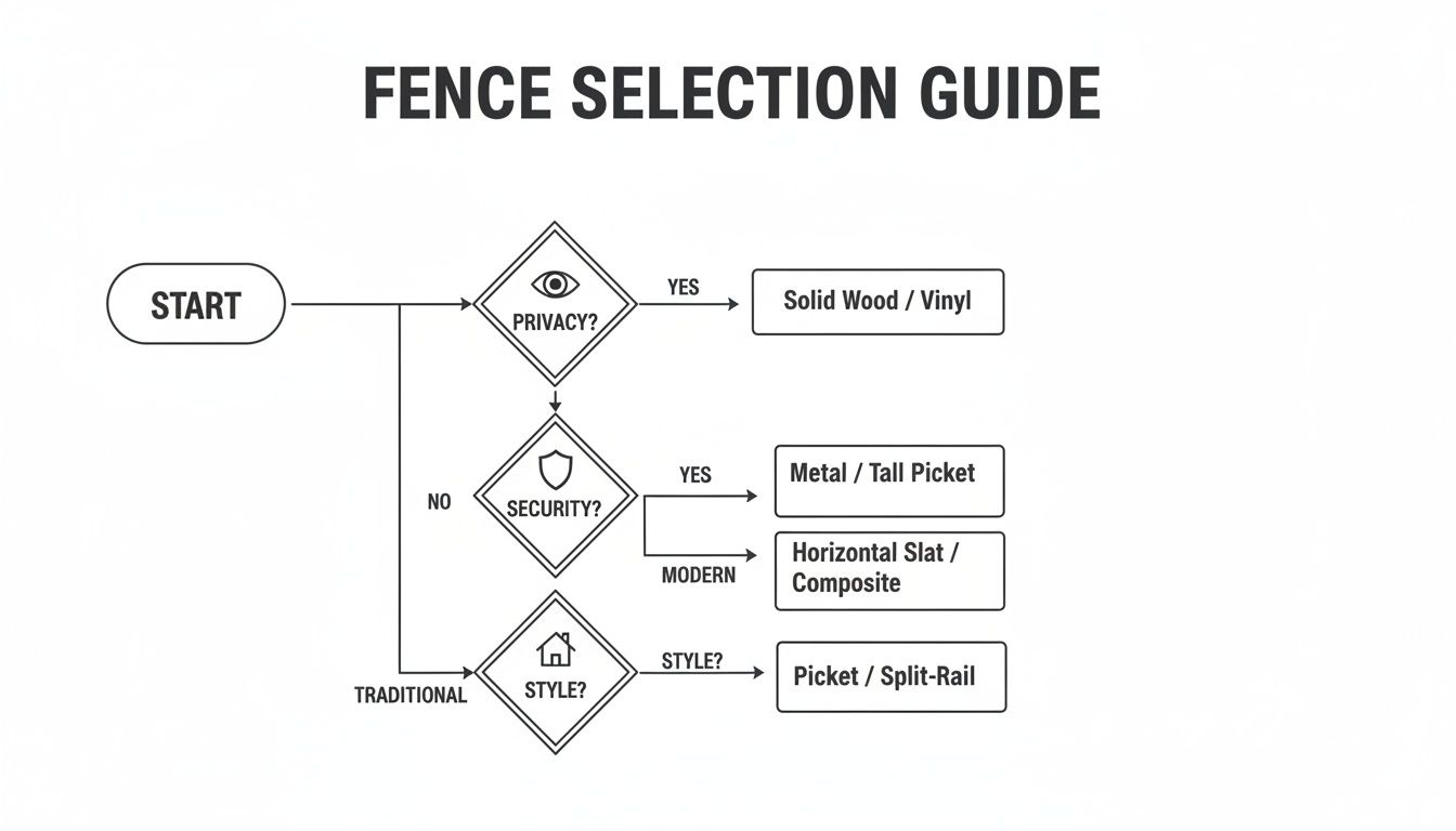 Flowchart illustrating fence selection based on privacy, security, and style preferences.